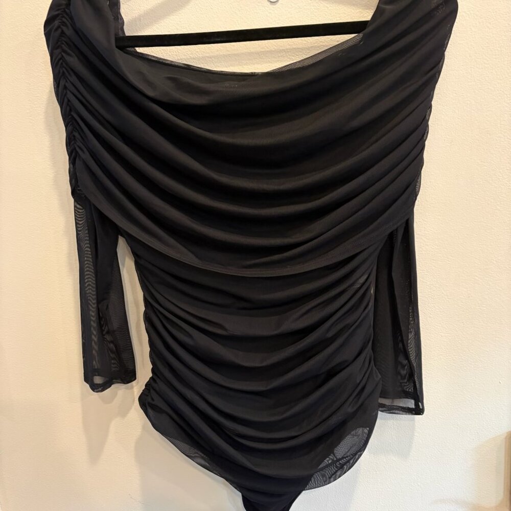NWT, Abercrombie Long-Sleeve Mesh Foldover Bodysuit, Black, L - Picture 3 of 7